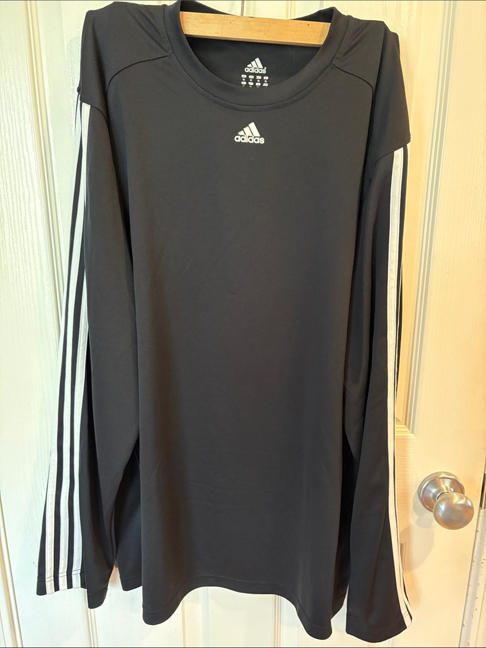 adidas Black Long-Sleeve Athletic Tee with White Sleeve Stripes